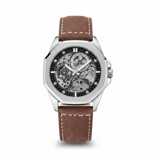 Watch with brown leather strap and silver case on white background