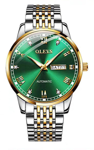 Green watch with gold accents on a white background