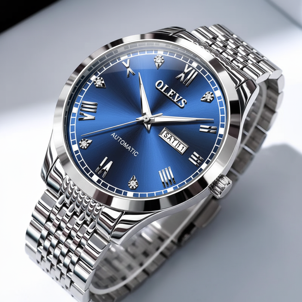 Silver watch with blue dial on a white surface.