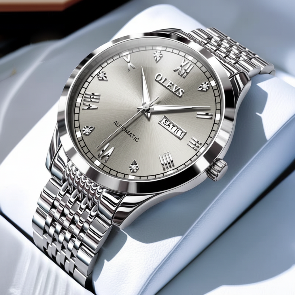 Silver watch with detailed face and metal band on a white surface