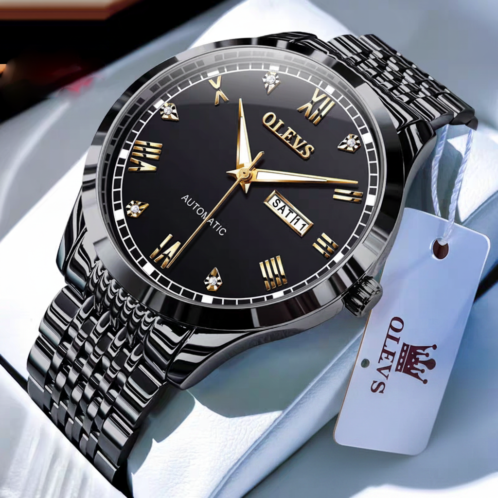 Luxury watch with black dial and gold accents on a white background, featuring the brand 'OLEVS'.
