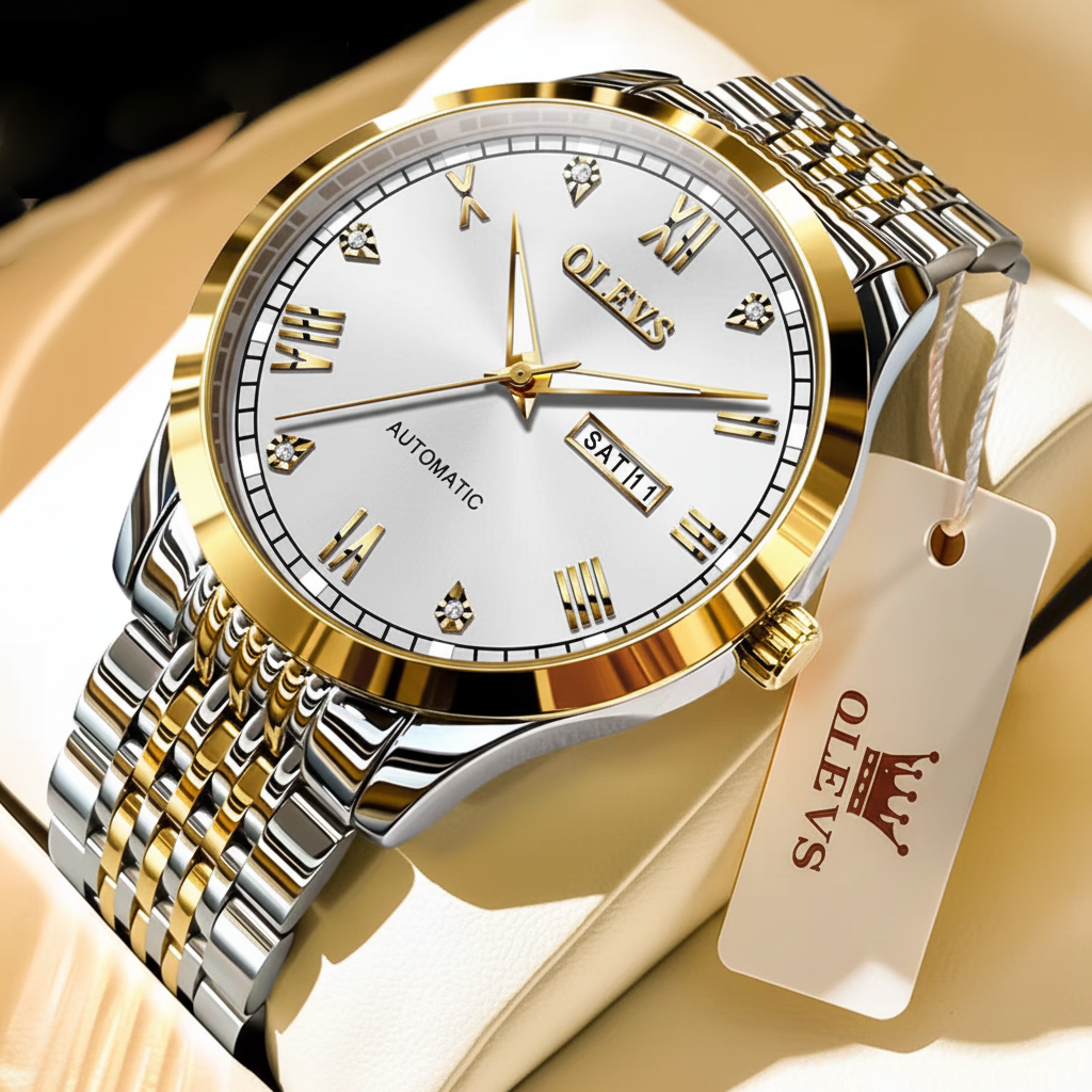 Gold and silver watch with white face on a beige surface, featuring the brand 'OLEVS'.