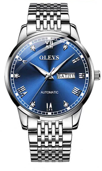 Silver watch with blue face on a white background
