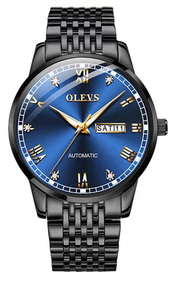 Olevs watch with blue face and black strap on a white background