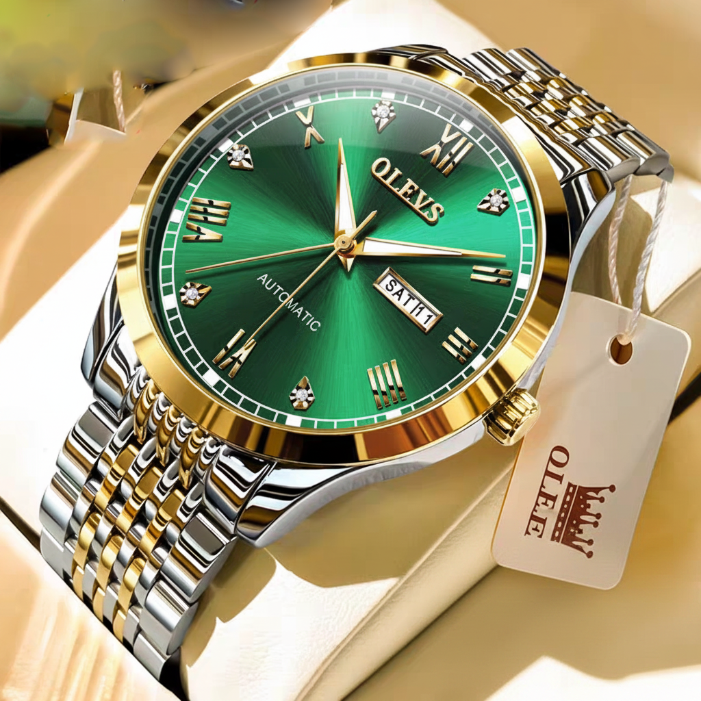 Green watch with gold and silver accents on a white background