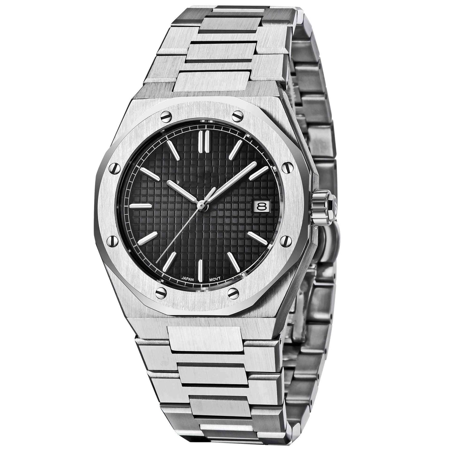 Silver watch with a black face on a white background