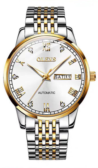 Gold and silver watch with detailed face on a white background