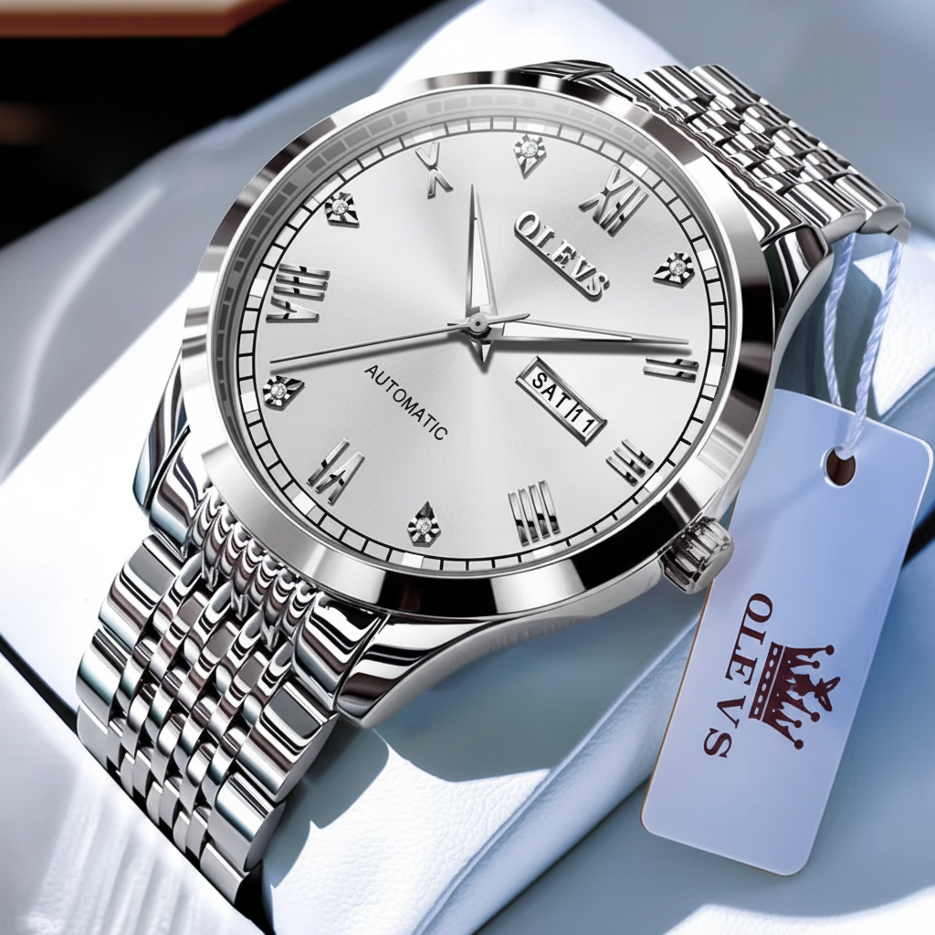 Silver watch with detailed face and brand name, displayed with a tag.