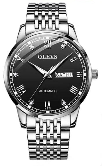 Silver watch with black dial on a white background