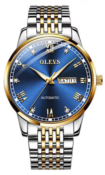 Silver and gold watch with blue face on a white background