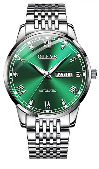 Green watch with silver metal strap on a white background
