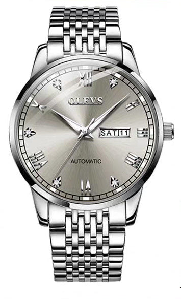 Silver watch with detailed face and brand name on a white background