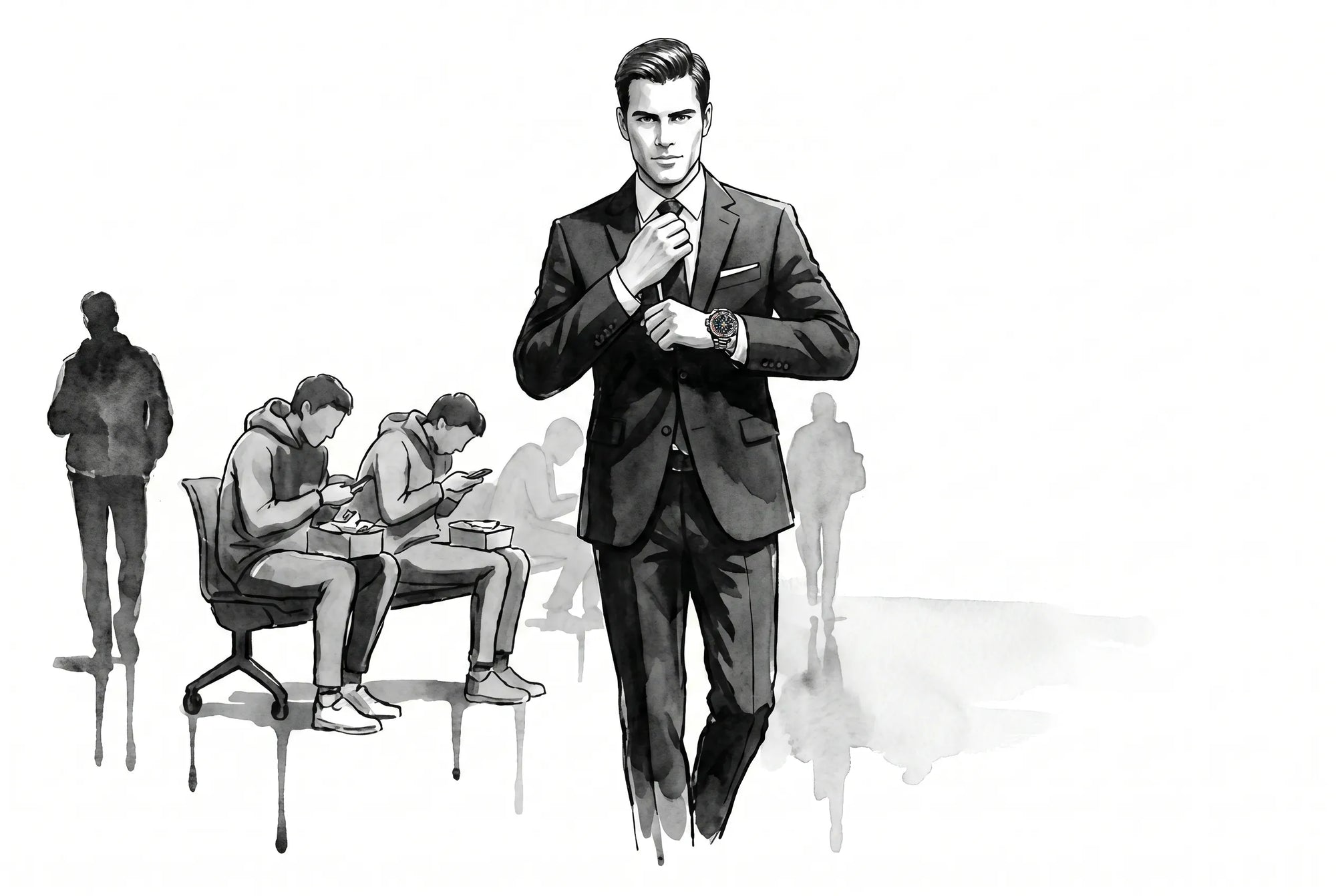 Modern gentleman checking a Zennatu automatic watch - Abstract watercolor illustration