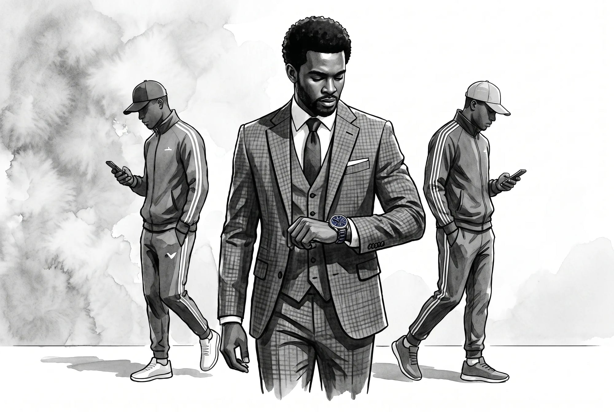 Modern gentleman checking a Zennatu automatic watch - Abstract watercolor illustration