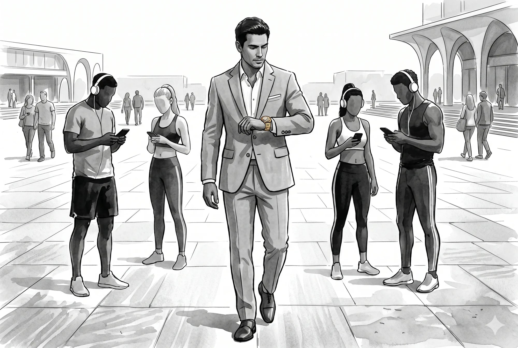 Modern gentleman checking a Zennatu automatic watch - Abstract watercolor illustration