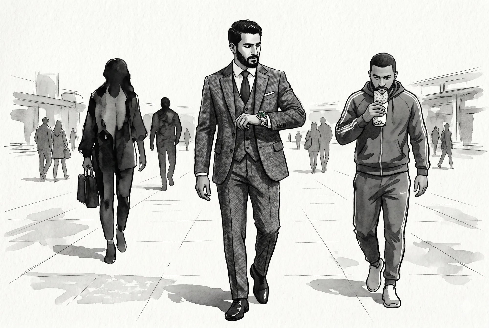 Modern gentleman checking a Zennatu automatic watch - Abstract watercolor illustration