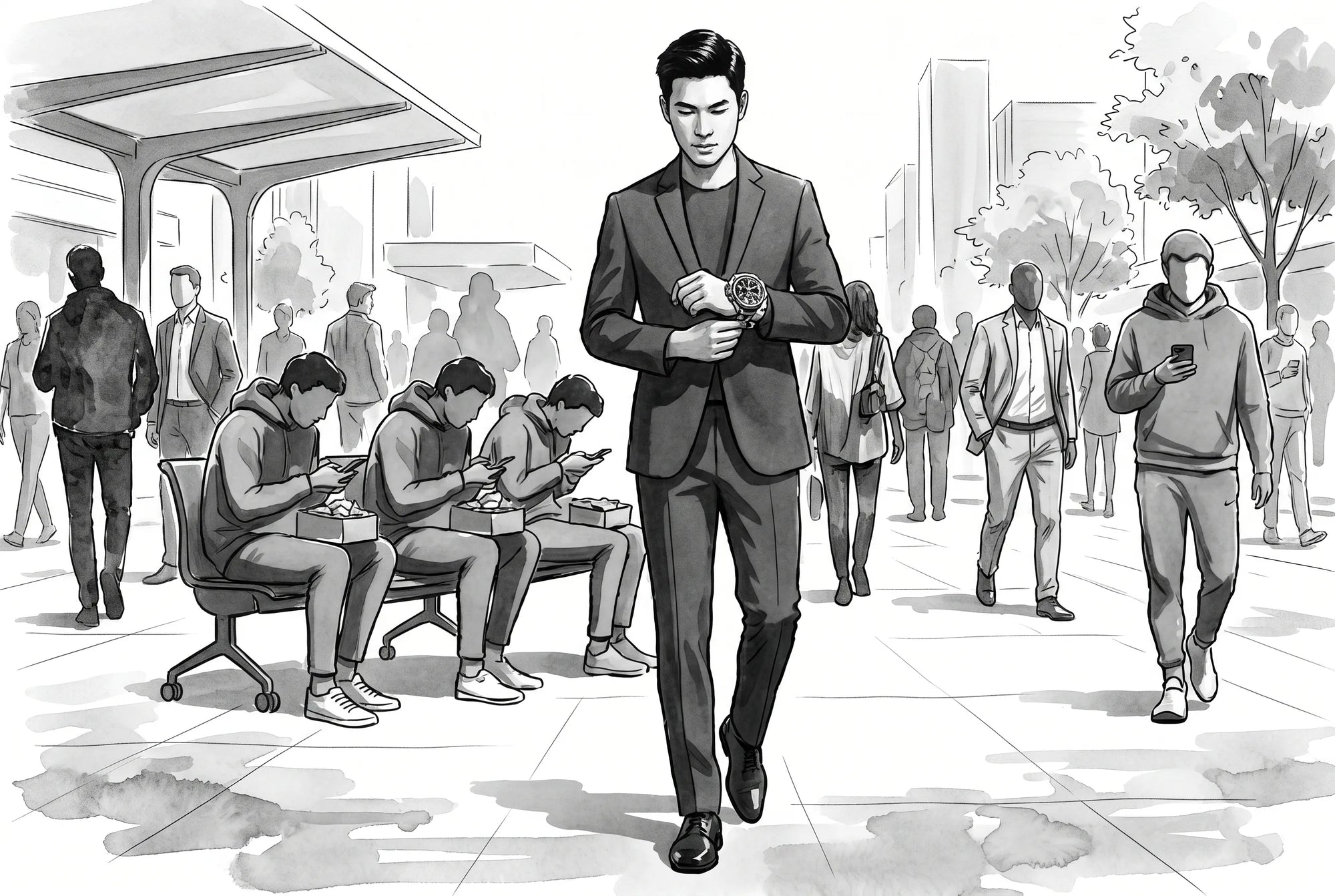 Modern gentleman checking a Zennatu automatic watch - Abstract watercolor illustration
