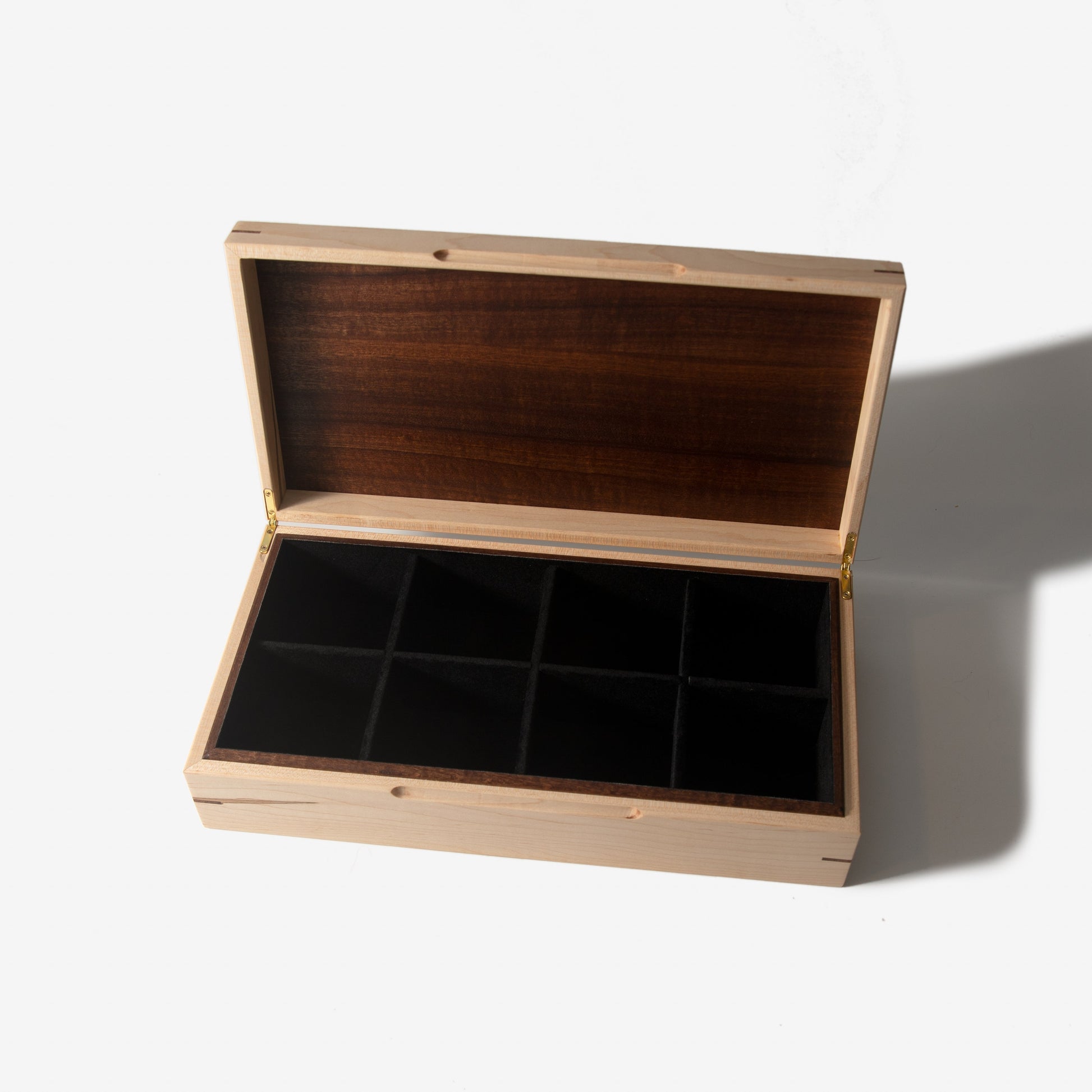 Red Ridge Woodworking – Handcrafted Curly Maple & Sapele Mahogany Watch Box — 8 Compartments – product box