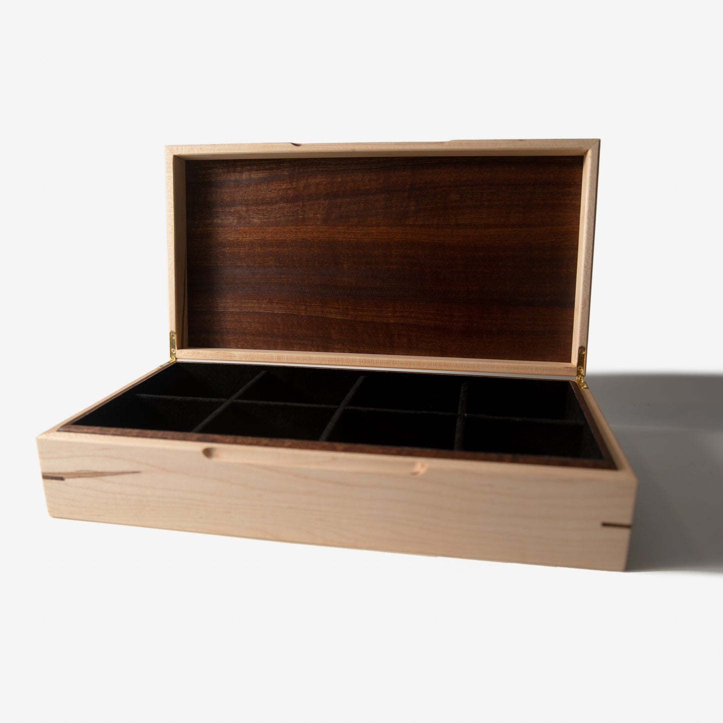 Red Ridge Woodworking – Handcrafted Curly Maple & Sapele Mahogany Watch Box — 8 Compartments – product box