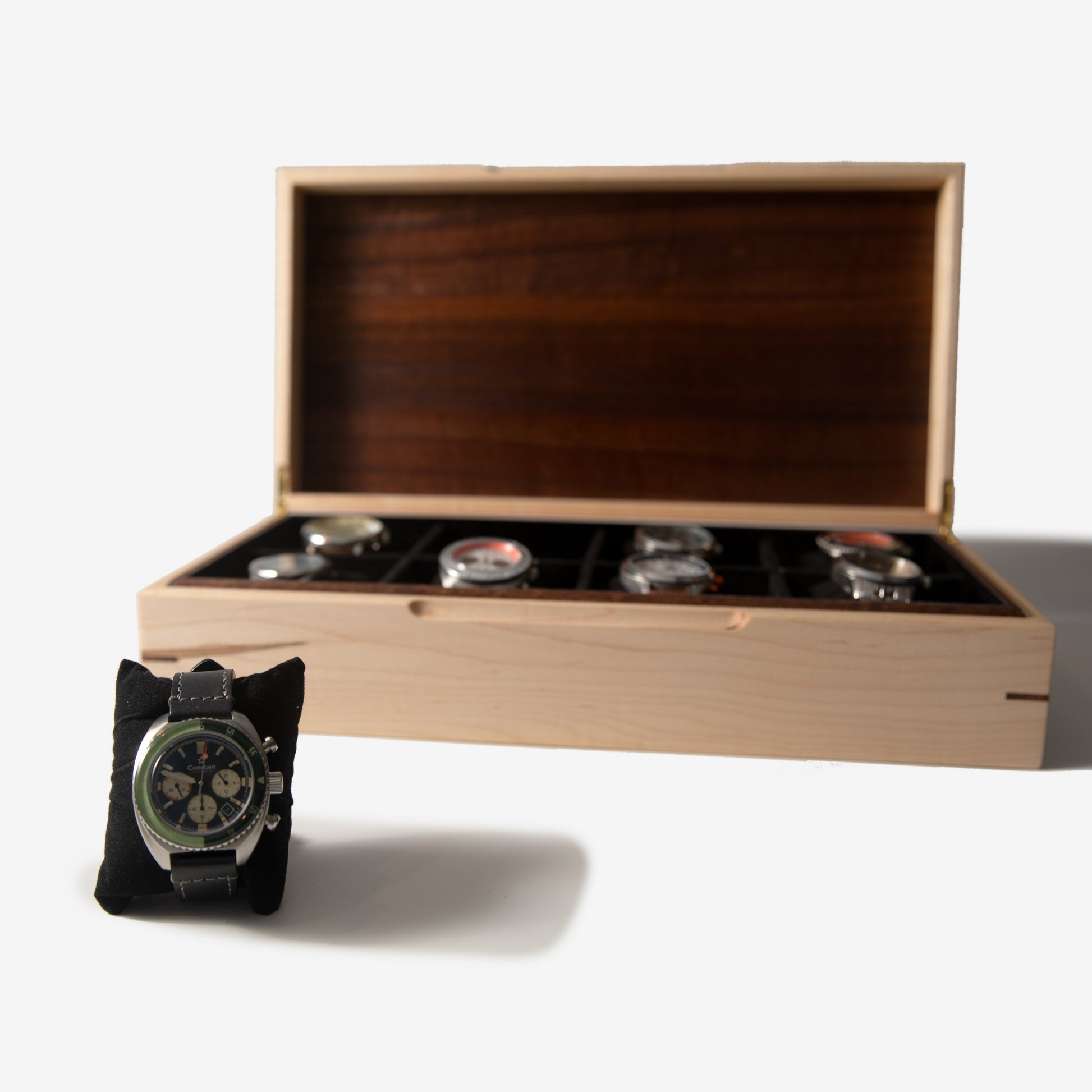 Red Ridge Woodworking – Handcrafted Curly Maple & Sapele Mahogany Watch Box — 8 Compartments – product box