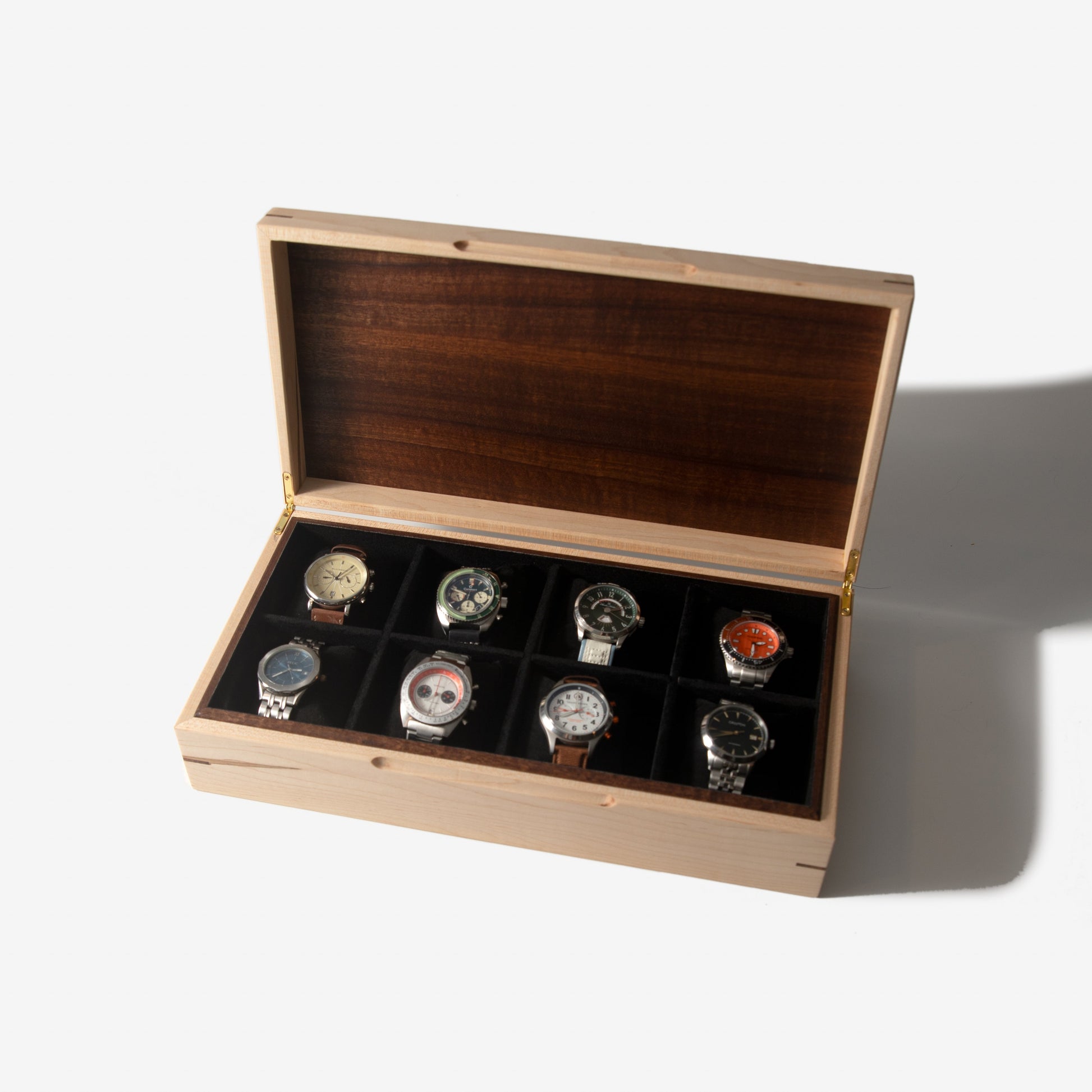 Red Ridge Woodworking – Handcrafted Curly Maple & Sapele Mahogany Watch Box — 8 Compartments – product box