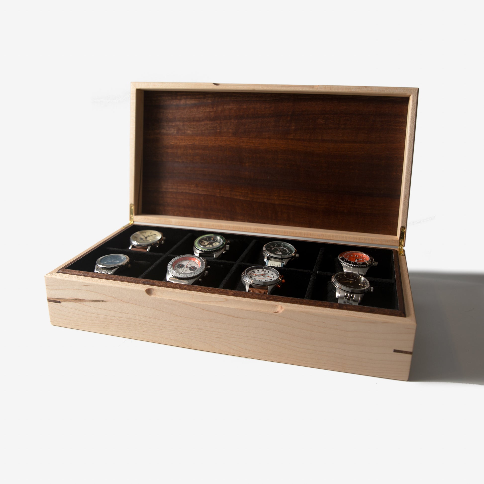 Red Ridge Woodworking – Handcrafted Curly Maple & Sapele Mahogany Watch Box — 8 Compartments – product box