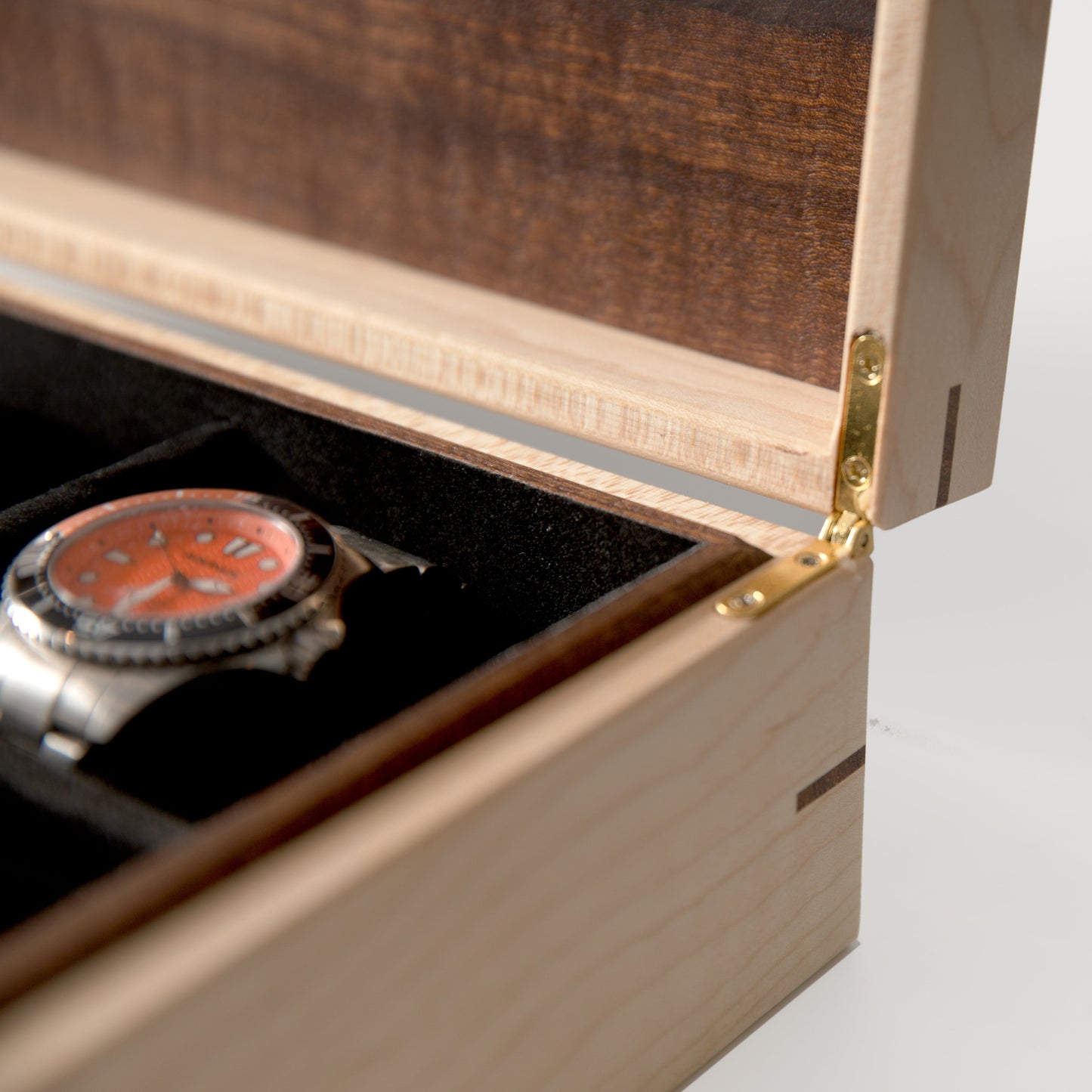 Red Ridge Woodworking – Handcrafted Curly Maple & Sapele Mahogany Watch Box — 8 Compartments – product box