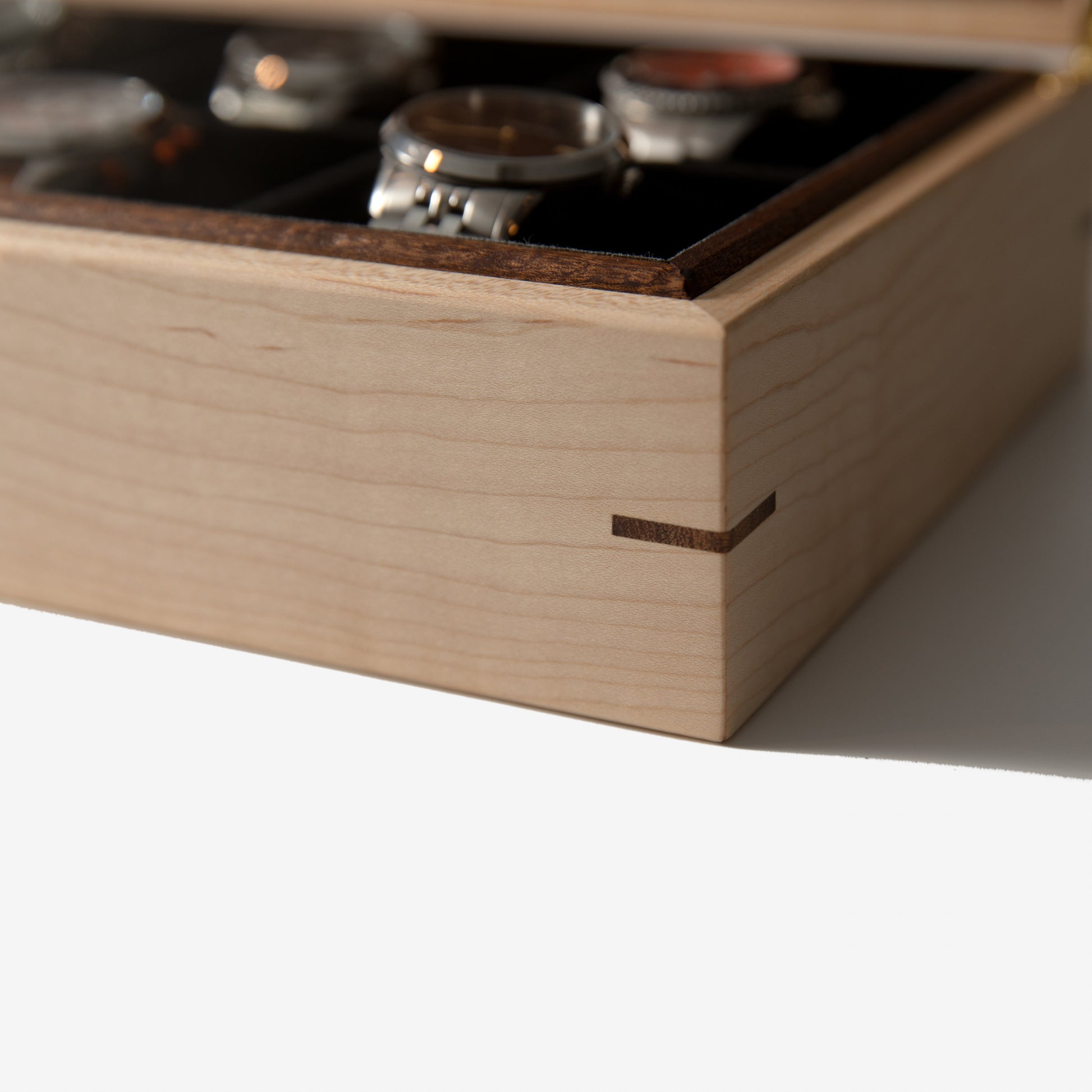 Red Ridge Woodworking – Handcrafted Curly Maple & Sapele Mahogany Watch Box — 8 Compartments – product box