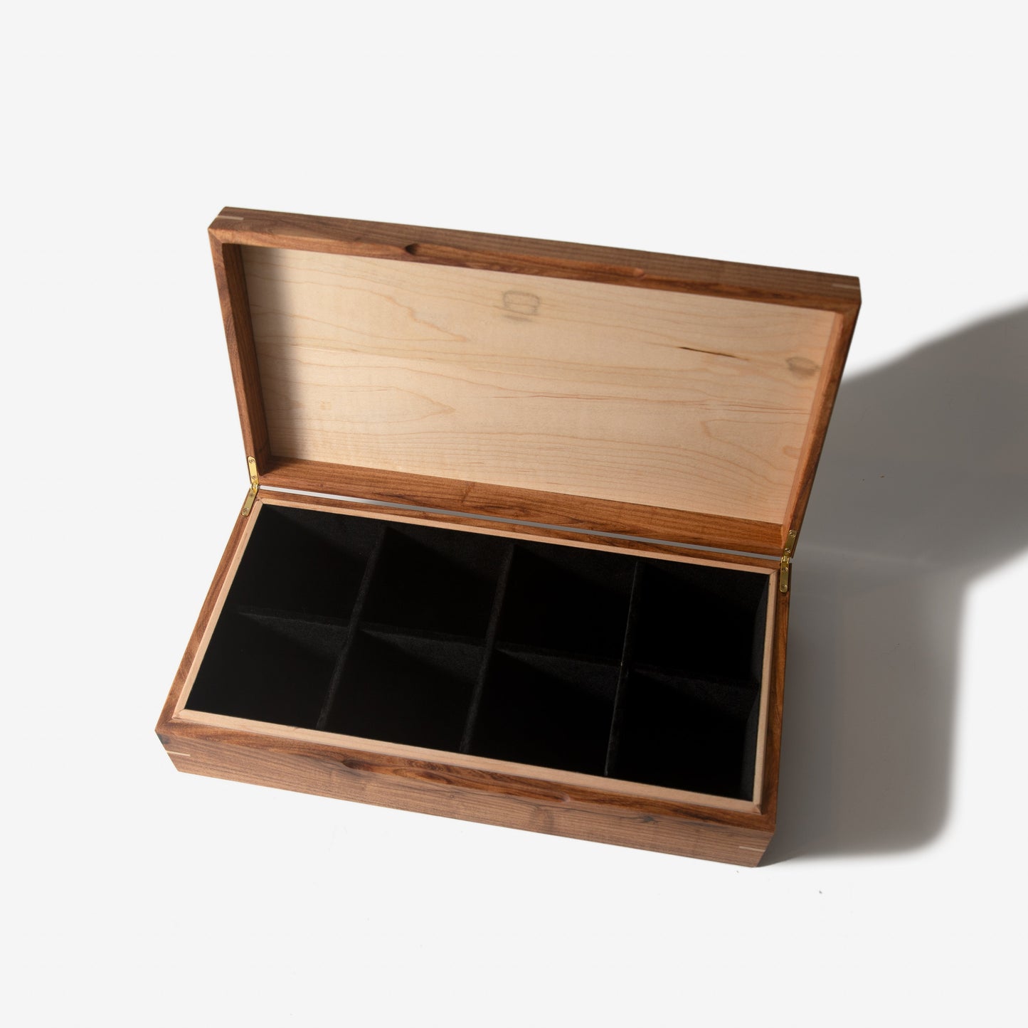 Red Ridge Woodworking – Handcrafted Desert Mesquite & Curly Maple Watch Box — 8 Compartments – product box