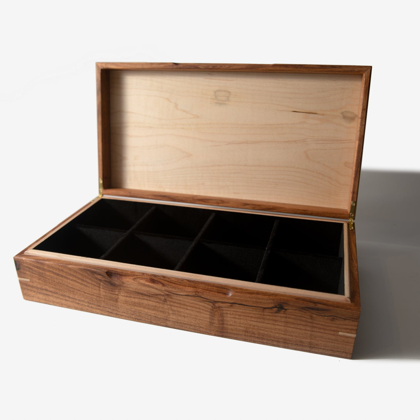 Red Ridge Woodworking – Handcrafted Desert Mesquite & Curly Maple Watch Box — 8 Compartments – product box