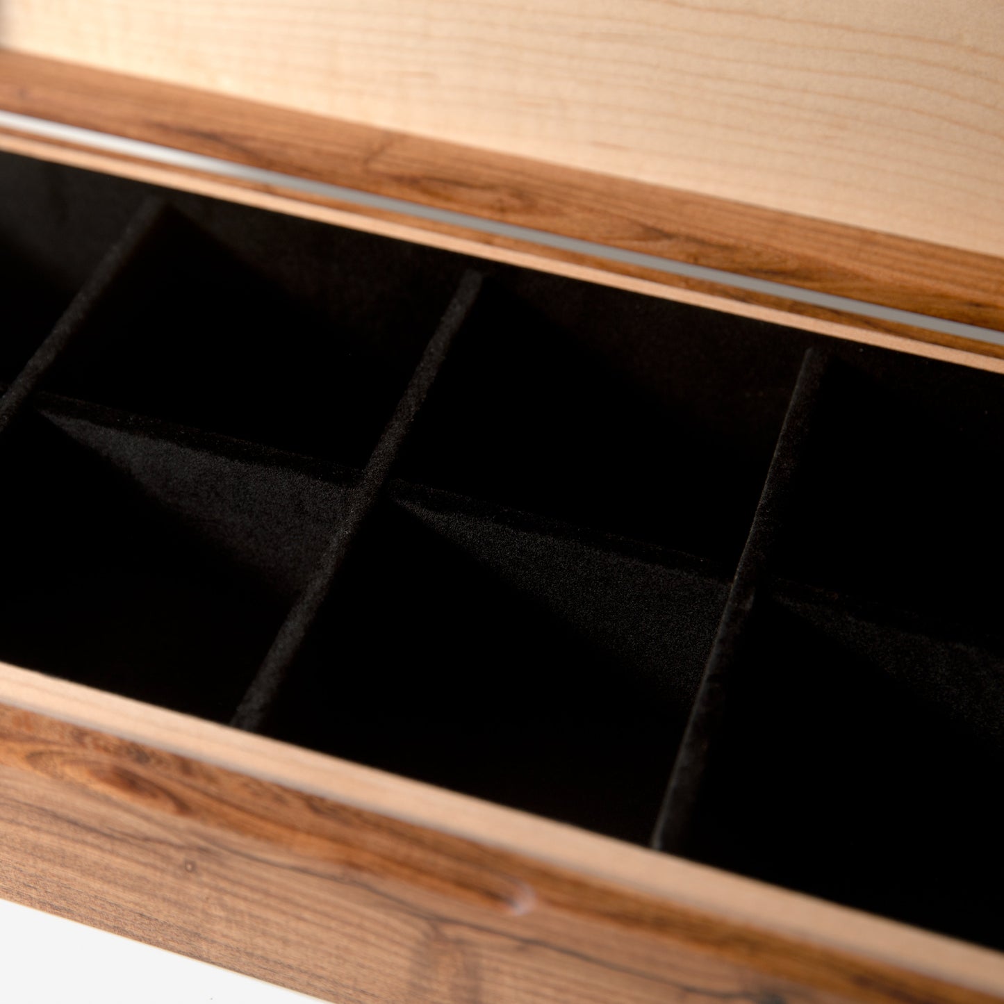 Red Ridge Woodworking – Handcrafted Desert Mesquite & Curly Maple Watch Box — 8 Compartments – product box