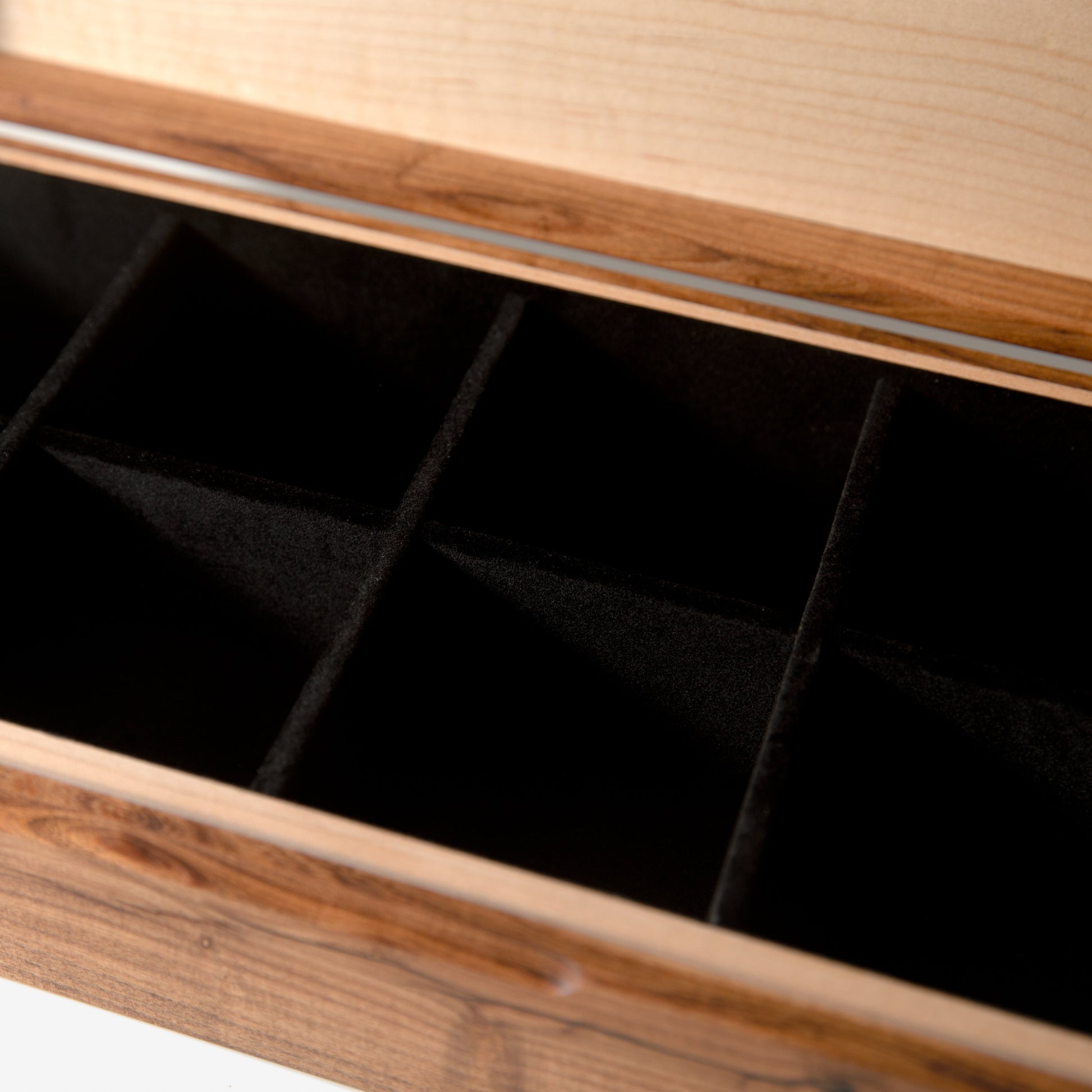 Red Ridge Woodworking – Handcrafted Desert Mesquite & Curly Maple Watch Box — 8 Compartments – product box