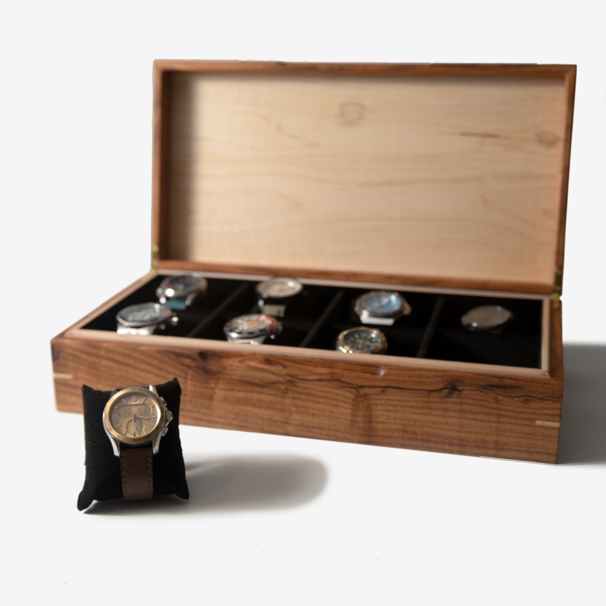 Red Ridge Woodworking – Handcrafted Desert Mesquite & Curly Maple Watch Box — 8 Compartments – product box