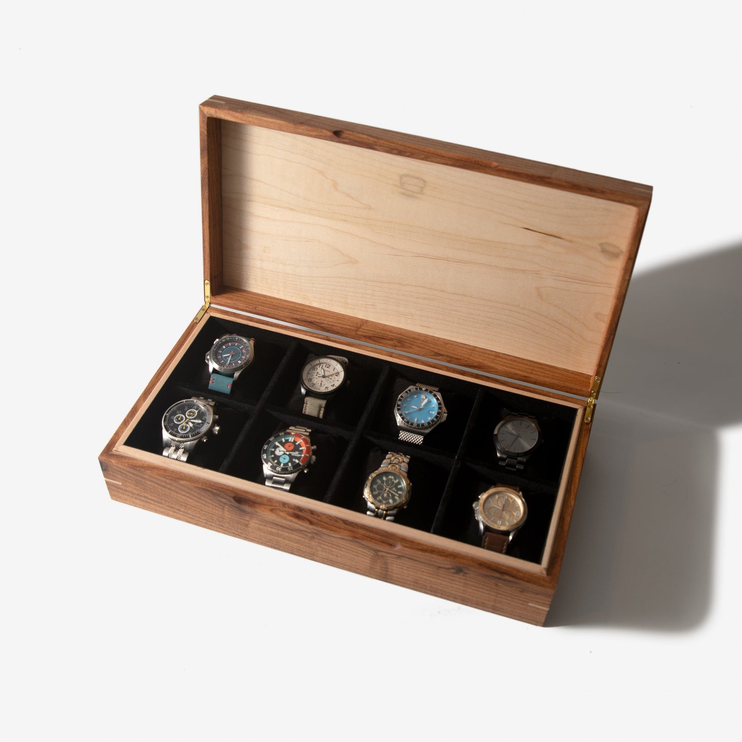 Red Ridge Woodworking – Handcrafted Desert Mesquite & Curly Maple Watch Box — 8 Compartments – product box