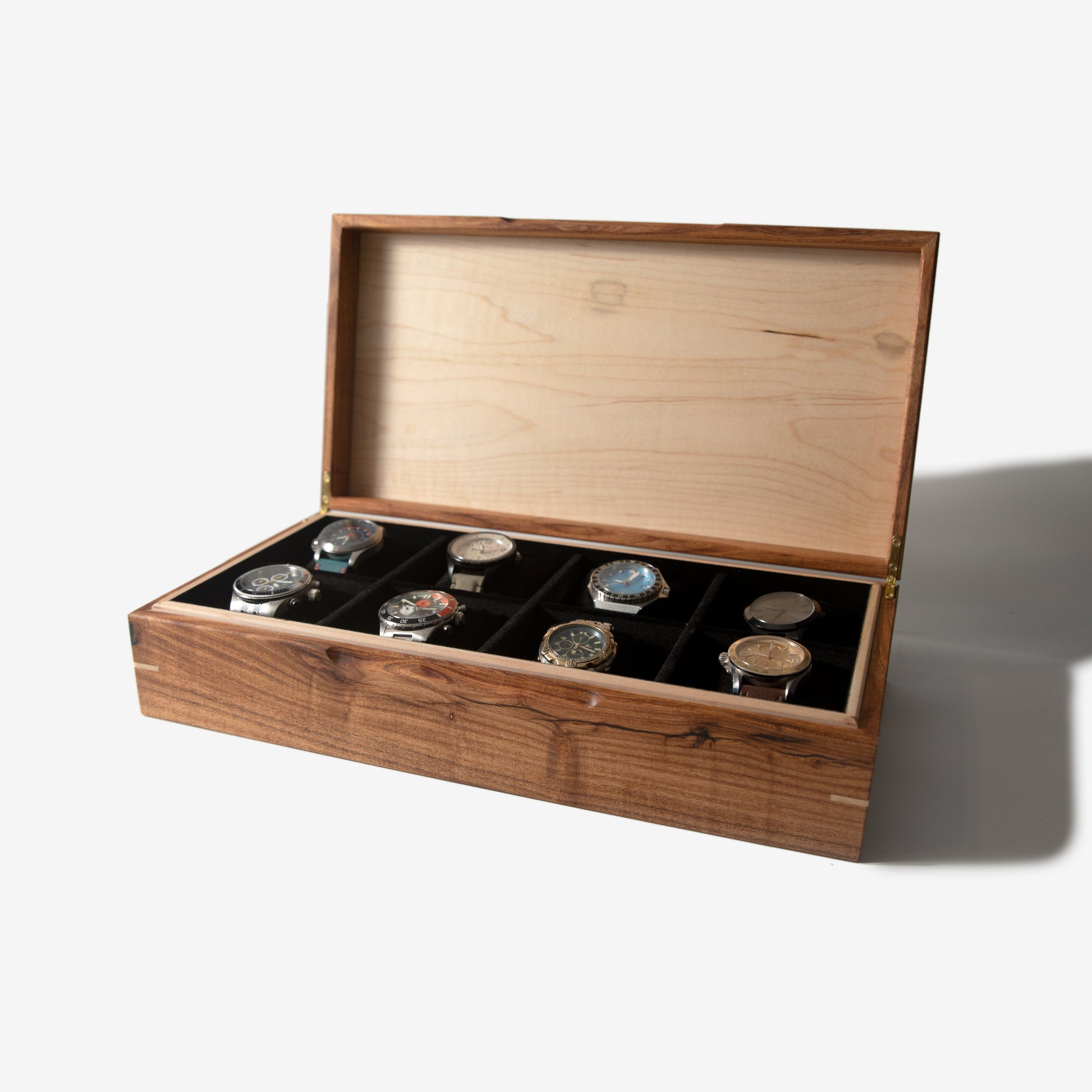 Red Ridge Woodworking – Handcrafted Desert Mesquite & Curly Maple Watch Box — 8 Compartments – product box