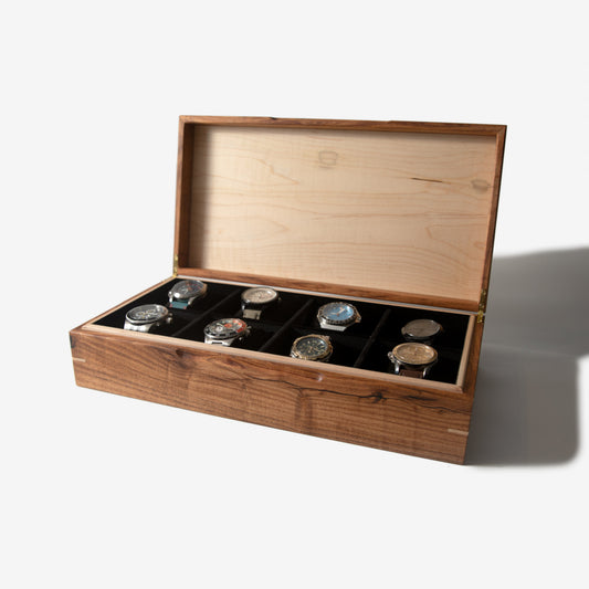 Red Ridge Woodworking – Handcrafted Desert Mesquite & Curly Maple Watch Box — 8 Compartments – product box