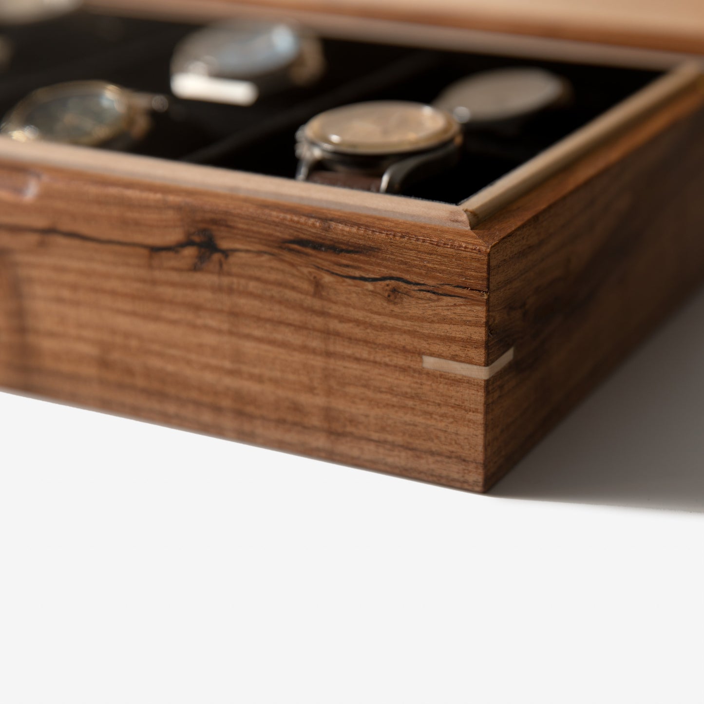 Red Ridge Woodworking – Handcrafted Desert Mesquite & Curly Maple Watch Box — 8 Compartments – product box