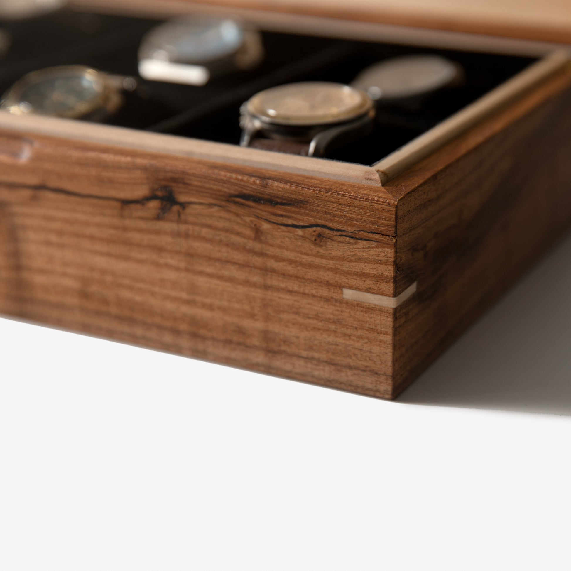 Red Ridge Woodworking – Handcrafted Desert Mesquite & Curly Maple Watch Box — 8 Compartments – product box