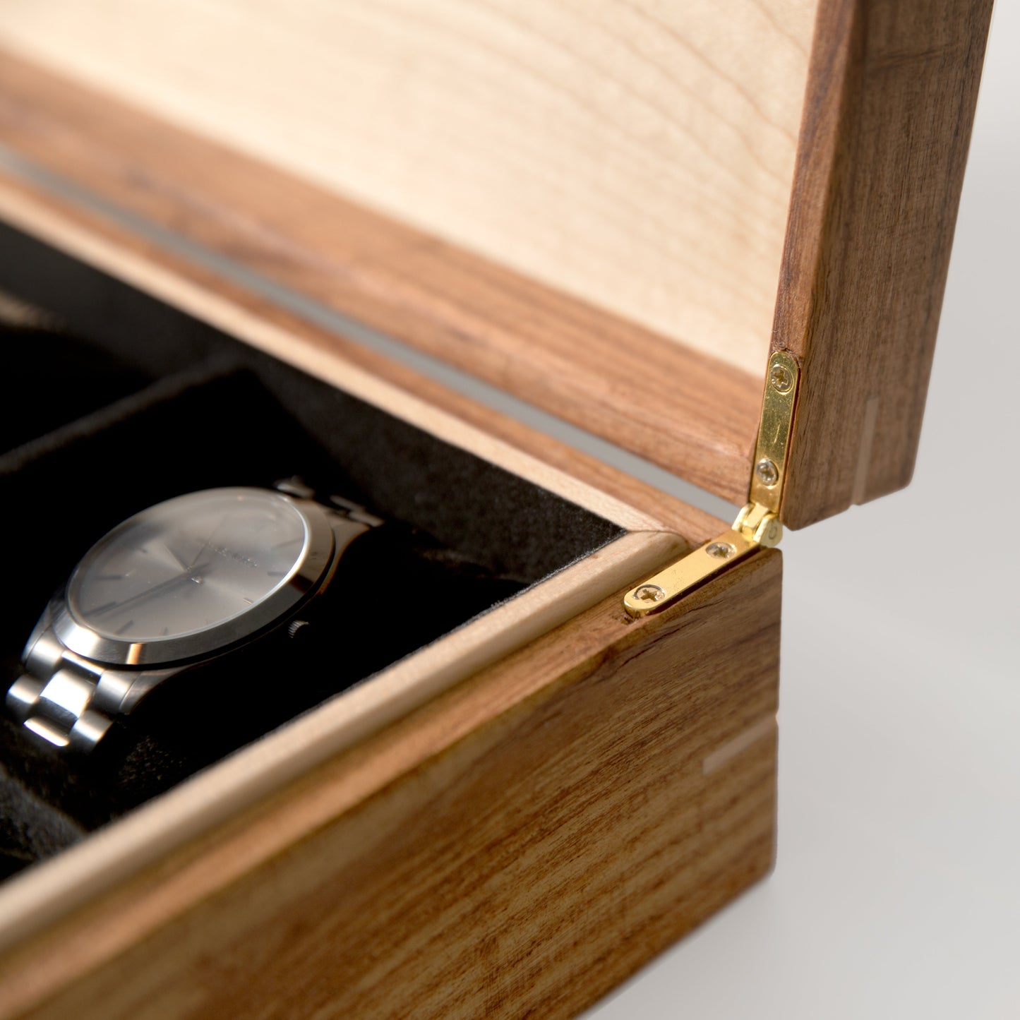 Red Ridge Woodworking – Handcrafted Desert Mesquite & Curly Maple Watch Box — 8 Compartments – product box