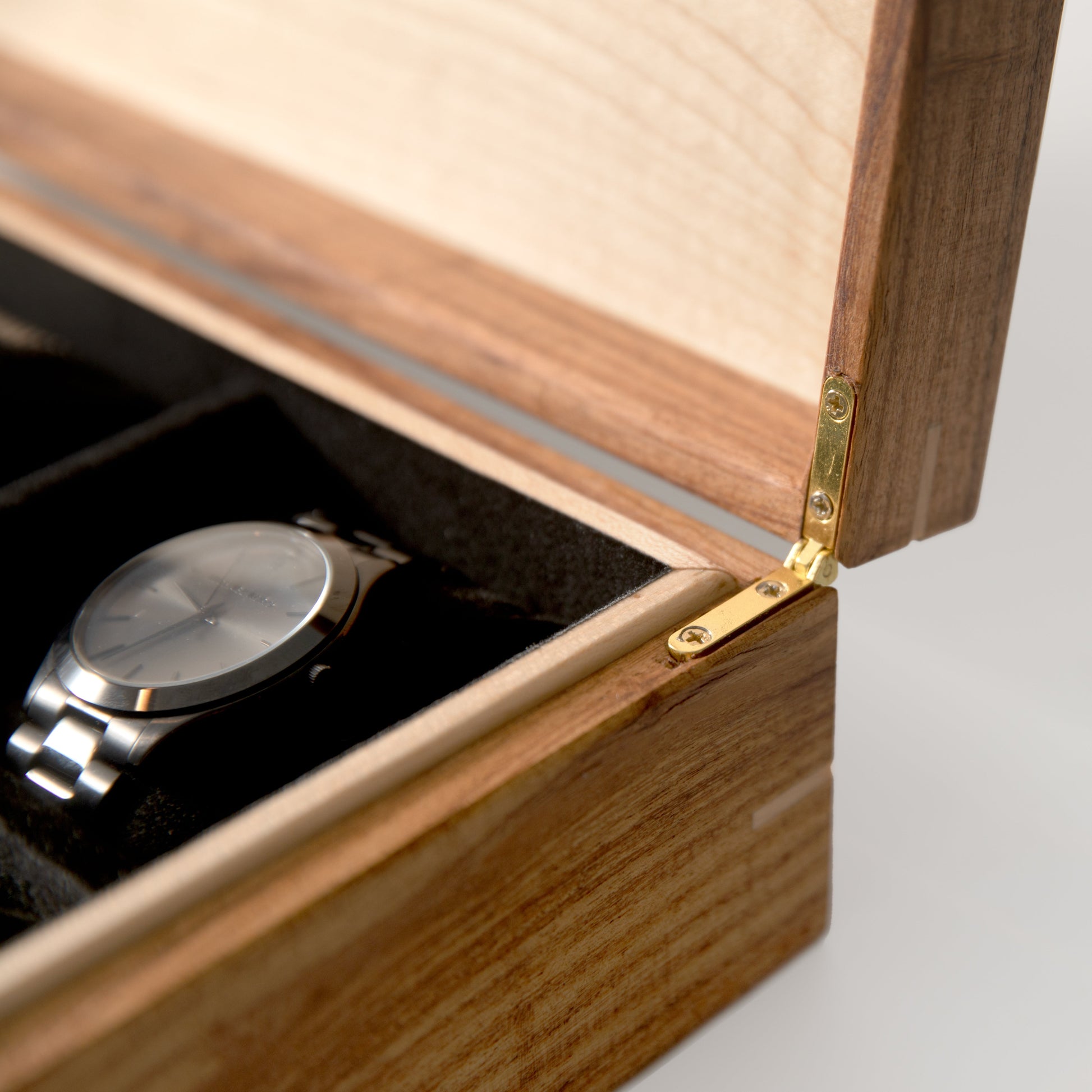 Red Ridge Woodworking – Handcrafted Desert Mesquite & Curly Maple Watch Box — 8 Compartments – product box