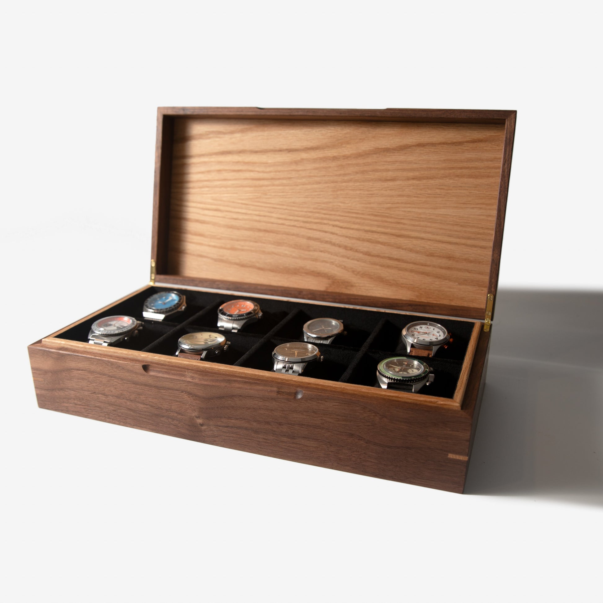 Red Ridge Woodworking – Handcrafted Black Walnut & Oak Watch Box — 8 Compartments – product box