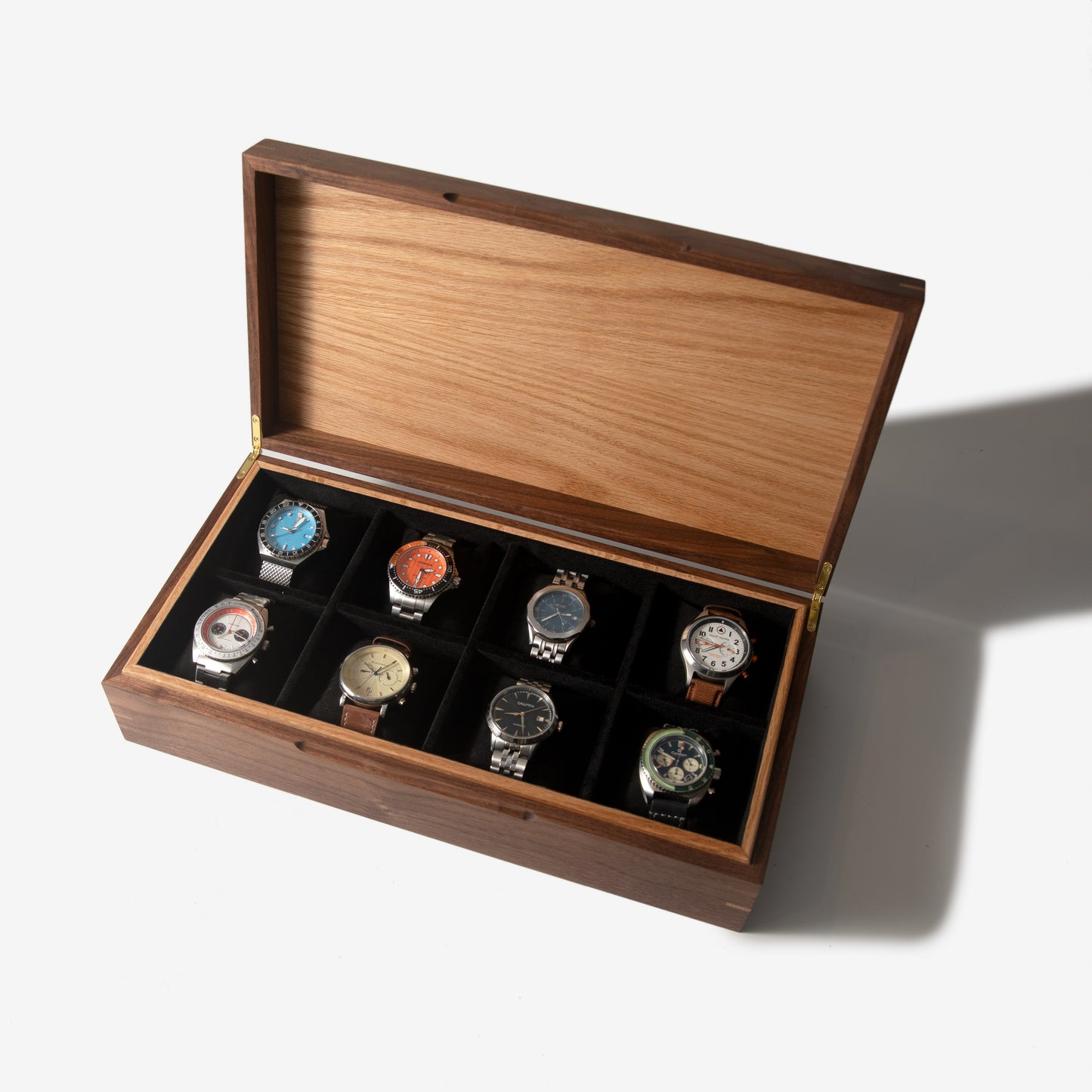 Red Ridge Woodworking – Handcrafted Black Walnut & Oak Watch Box — 8 Compartments – product box
