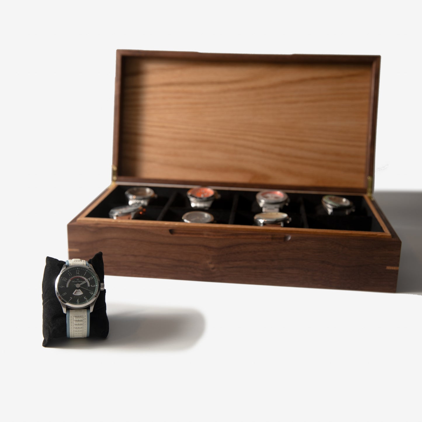 Red Ridge Woodworking – Handcrafted Black Walnut & Oak Watch Box — 8 Compartments – product box