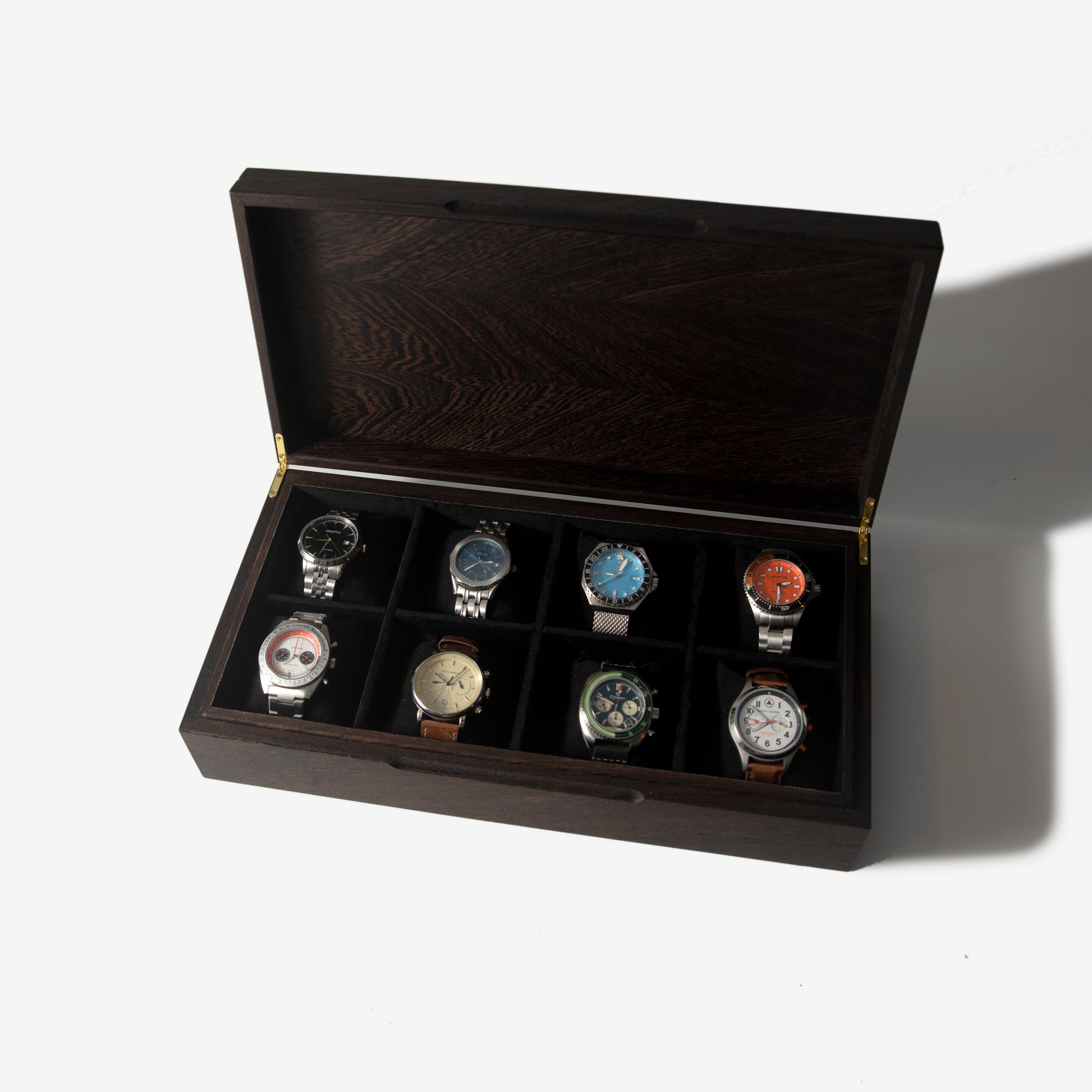 Red Ridge Woodworking – Handcrafted Wenge Hardwood Watch Box — 8 Compartments – product box