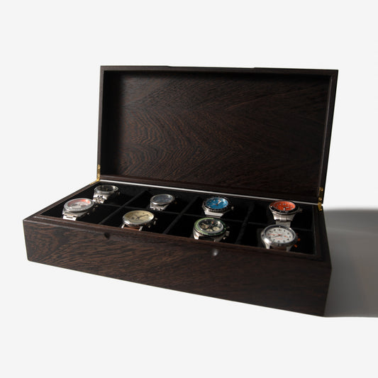 Red Ridge Woodworking – Handcrafted Wenge Hardwood Watch Box — 8 Compartments – product box