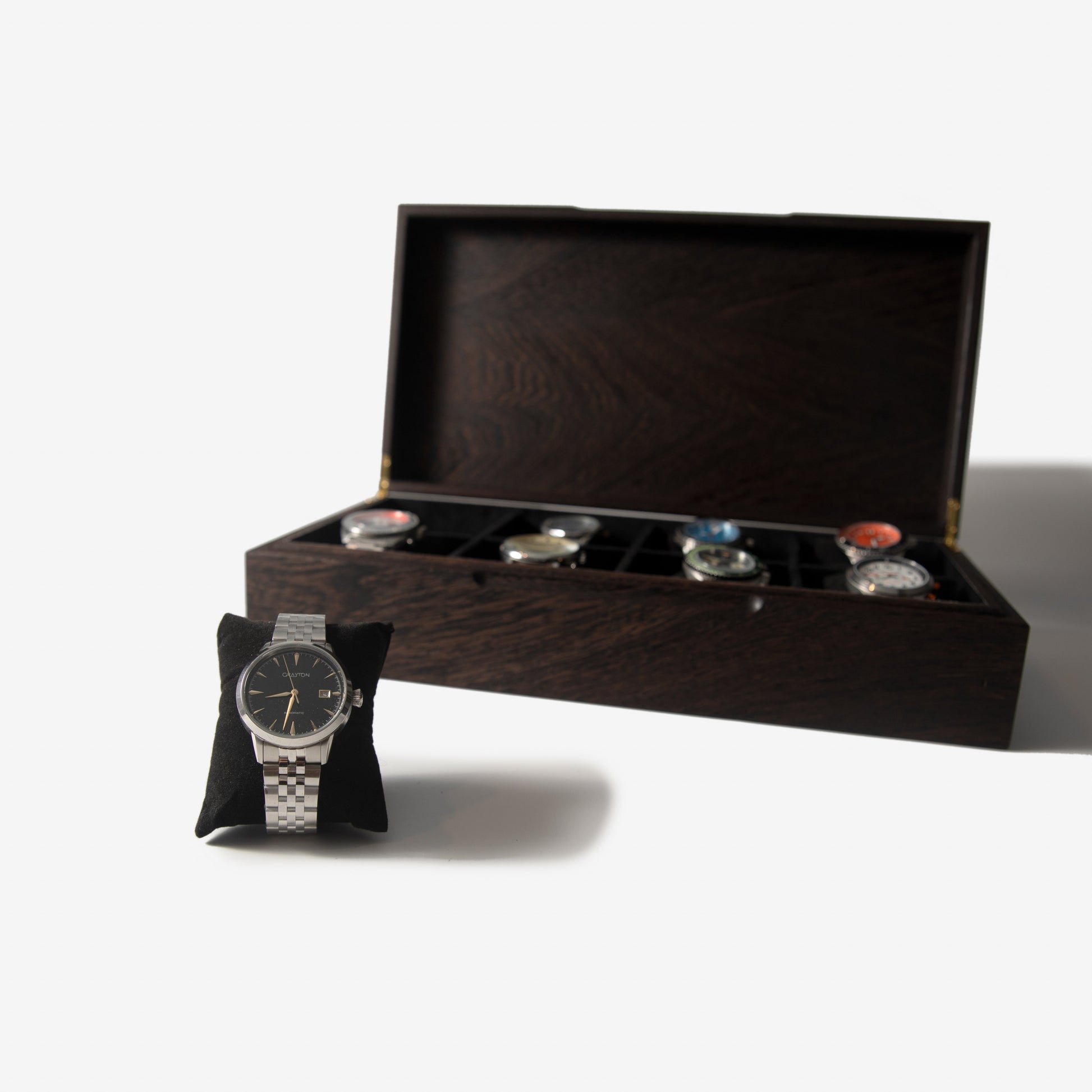 Red Ridge Woodworking – Handcrafted Wenge Hardwood Watch Box — 8 Compartments – product box