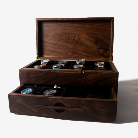 Red Ridge Woodworking – Handcrafted Solid Black Walnut Watch Box with Drawer — 12 to 16 Compartments – product box