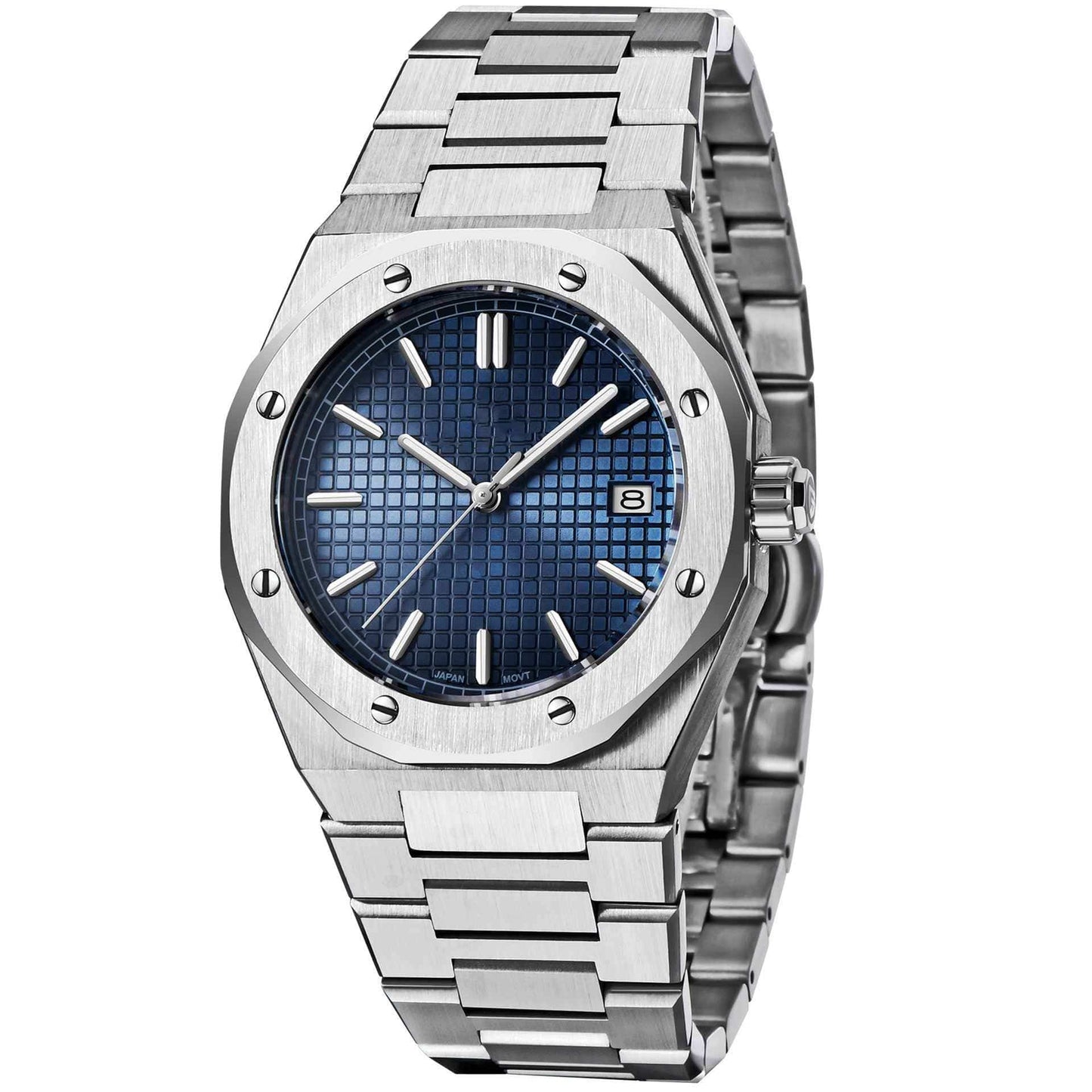 Silver watch with a blue face on a white background
