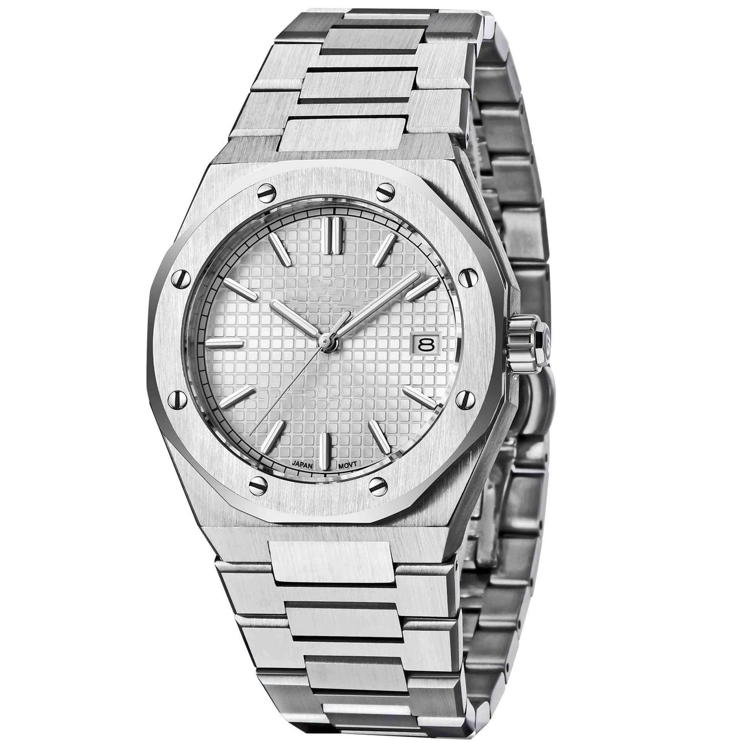 Silver watch with a metal bracelet on a white background