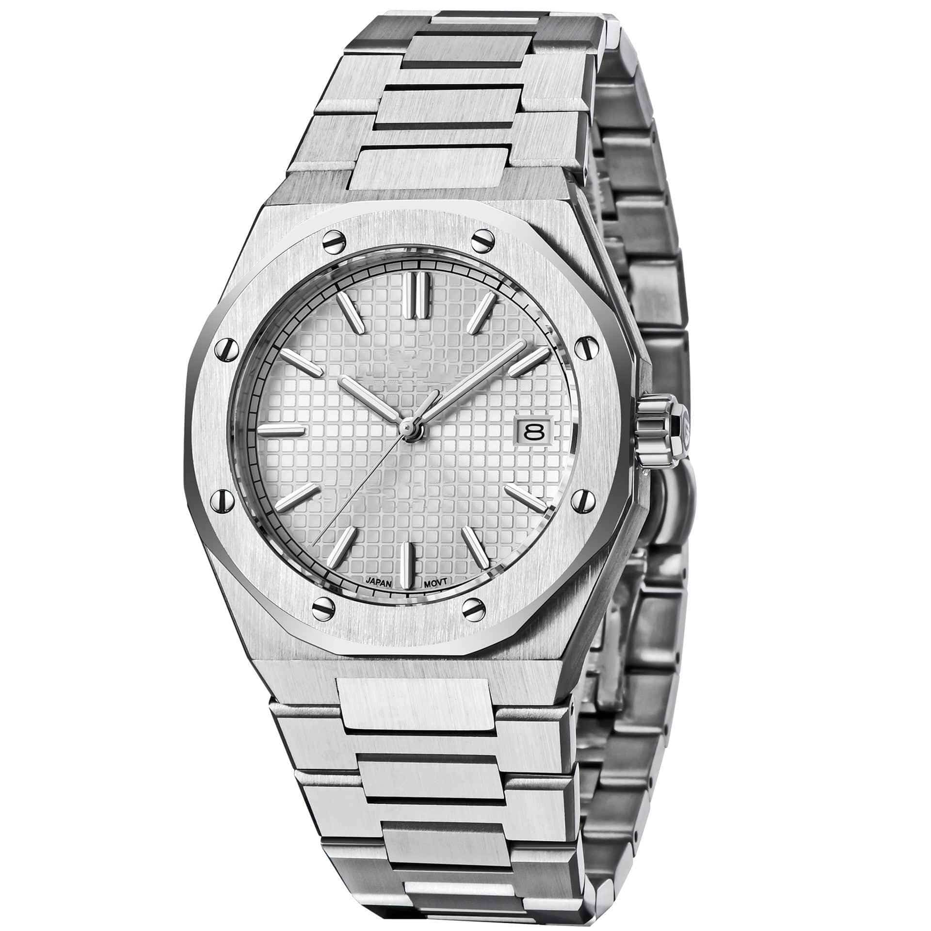 Silver watch with a metal bracelet on a white background